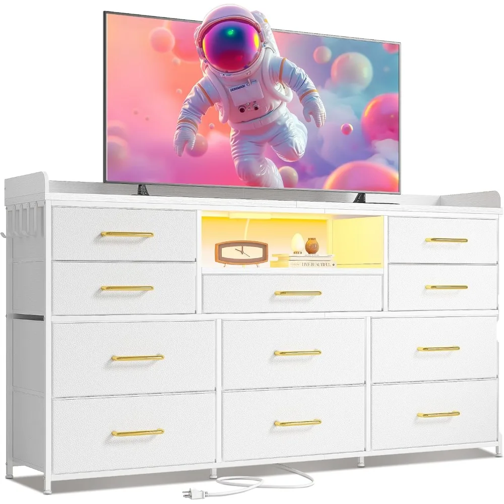 

Dresser for Bedroom with 11 Drawers for 60" TV Stand for Bedroom with LED Lights & Charging Station Long Dresser with