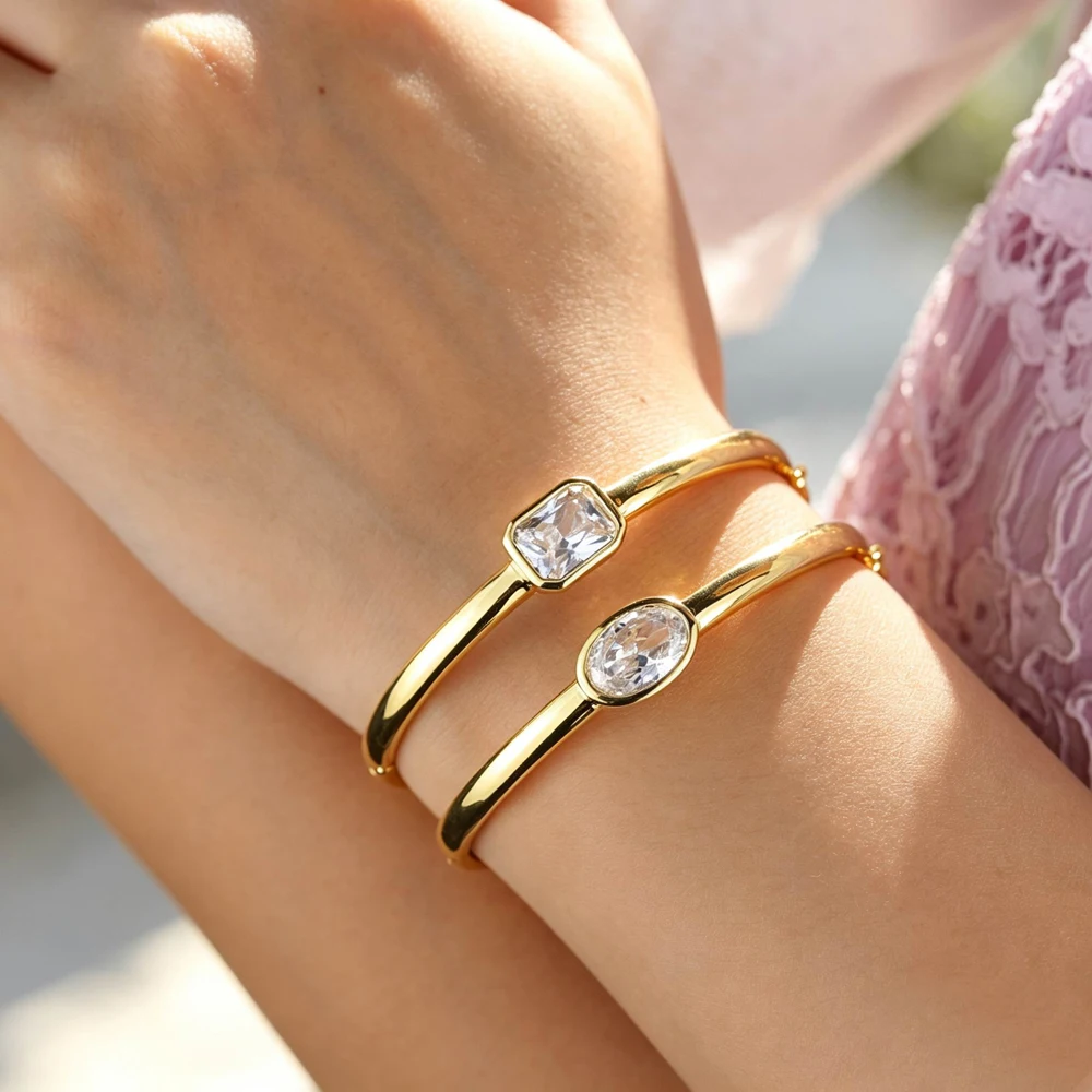 High Polish Shiny Geometric Single Sparking 5A Cubic Zirconia CZ Paved Oval Rectangle Stone Bangle Bracelet For Women Jewelry