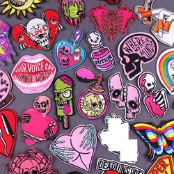 Perfume Skull Patch Pink Punk Style Embroidery Patch Iron On Patches For Clothing Love heart Skull Patches On Clothes Sticker