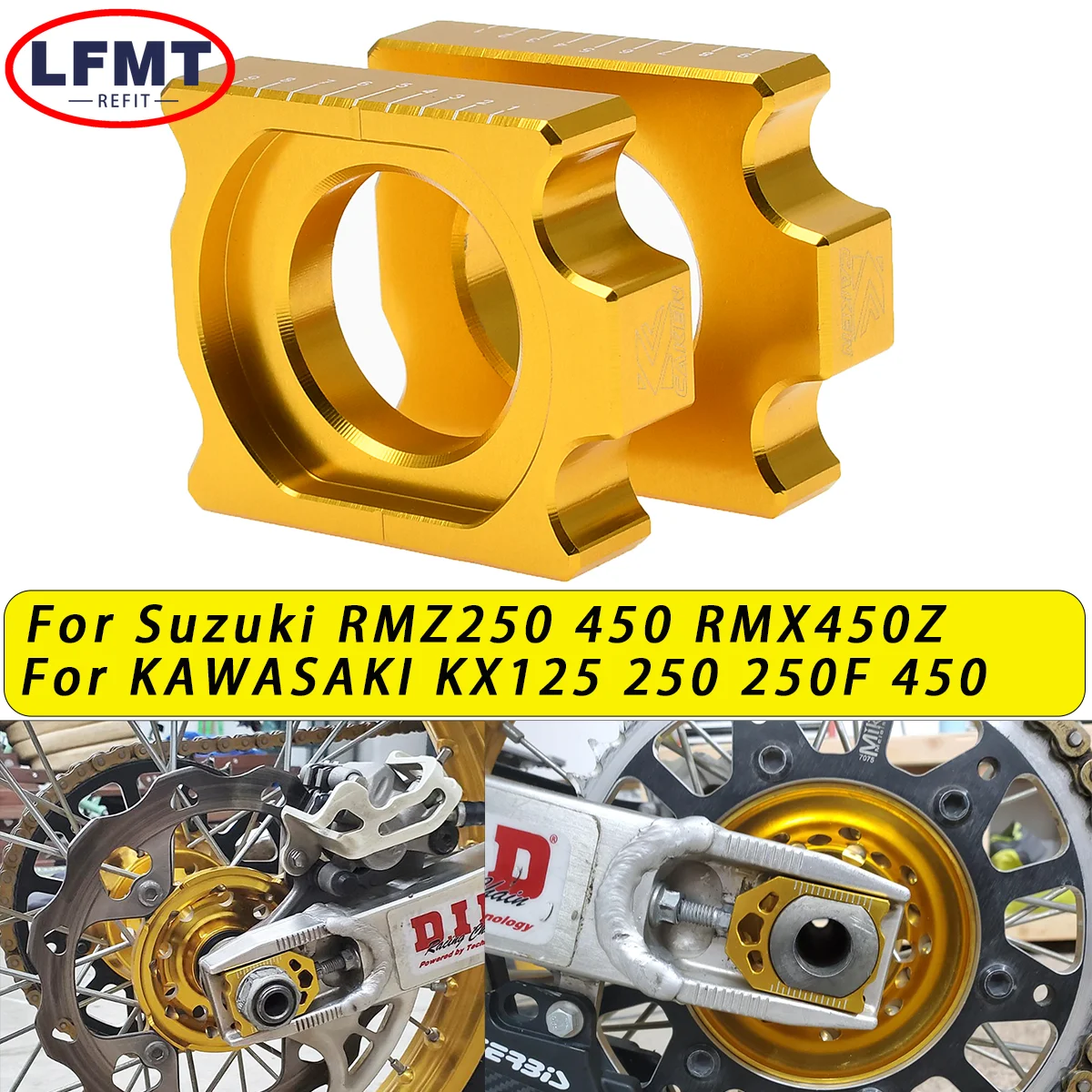 

Motorcycle CNC Rear Axle Block Chain Adjuster For Suzuki RMZ250 RMZ450 RMX450Z Kawasaki KX125 KX250 KX250F KX450F 2003-2018