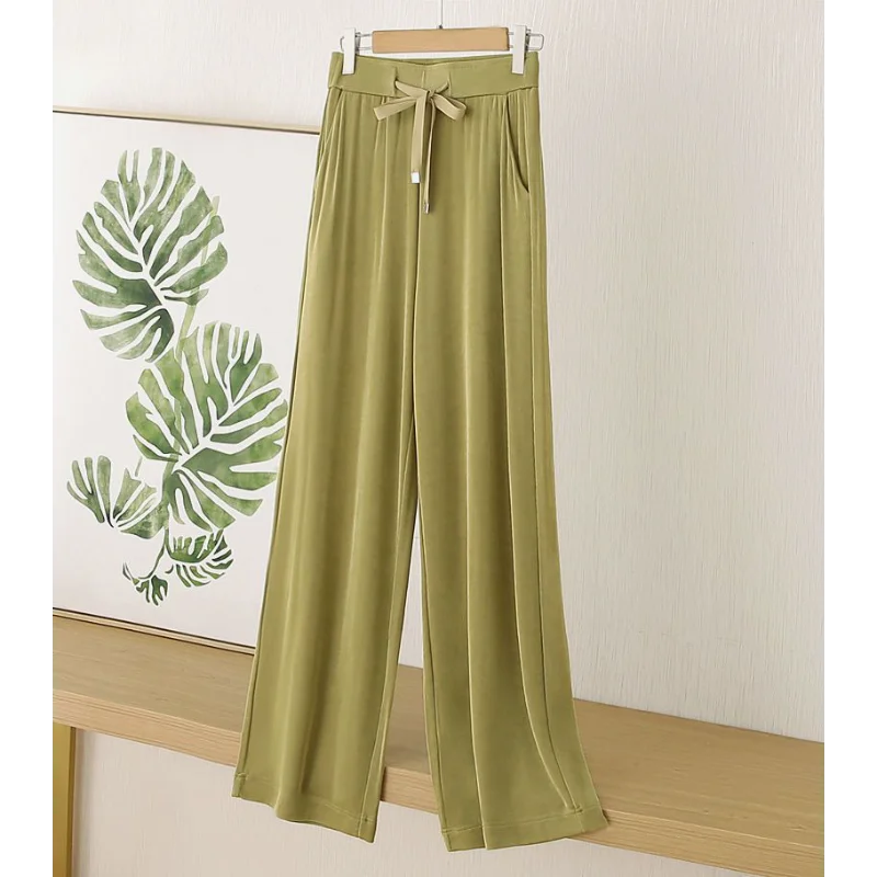 

Зеленые трикотажные тонкие широкие брюки из ледяного шелка, женские летние новые свободные повседневные прямые брюки с высокой талией длиной до пола