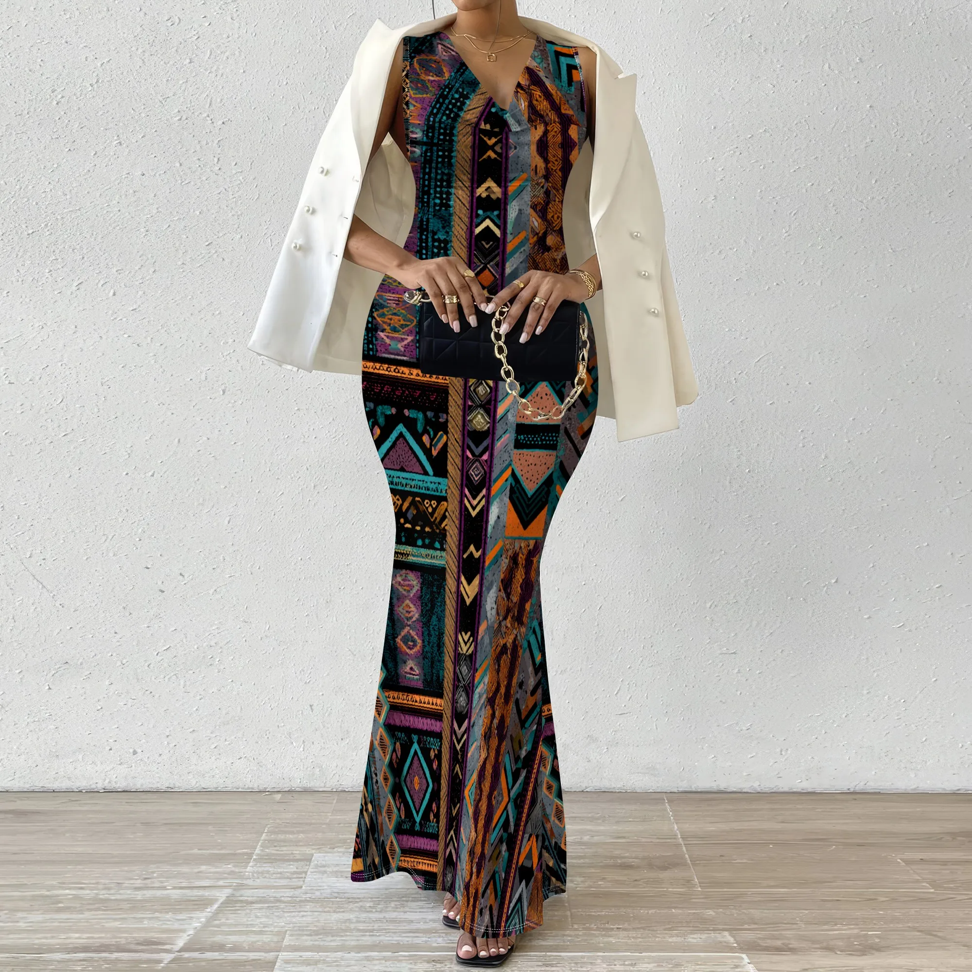 

Women's Bohemian Long Dress 2025 Summer New Arrival V-Neck Tribal Print Maxi Dress Plus S-2XL Elegant Sleeveless Party Dress