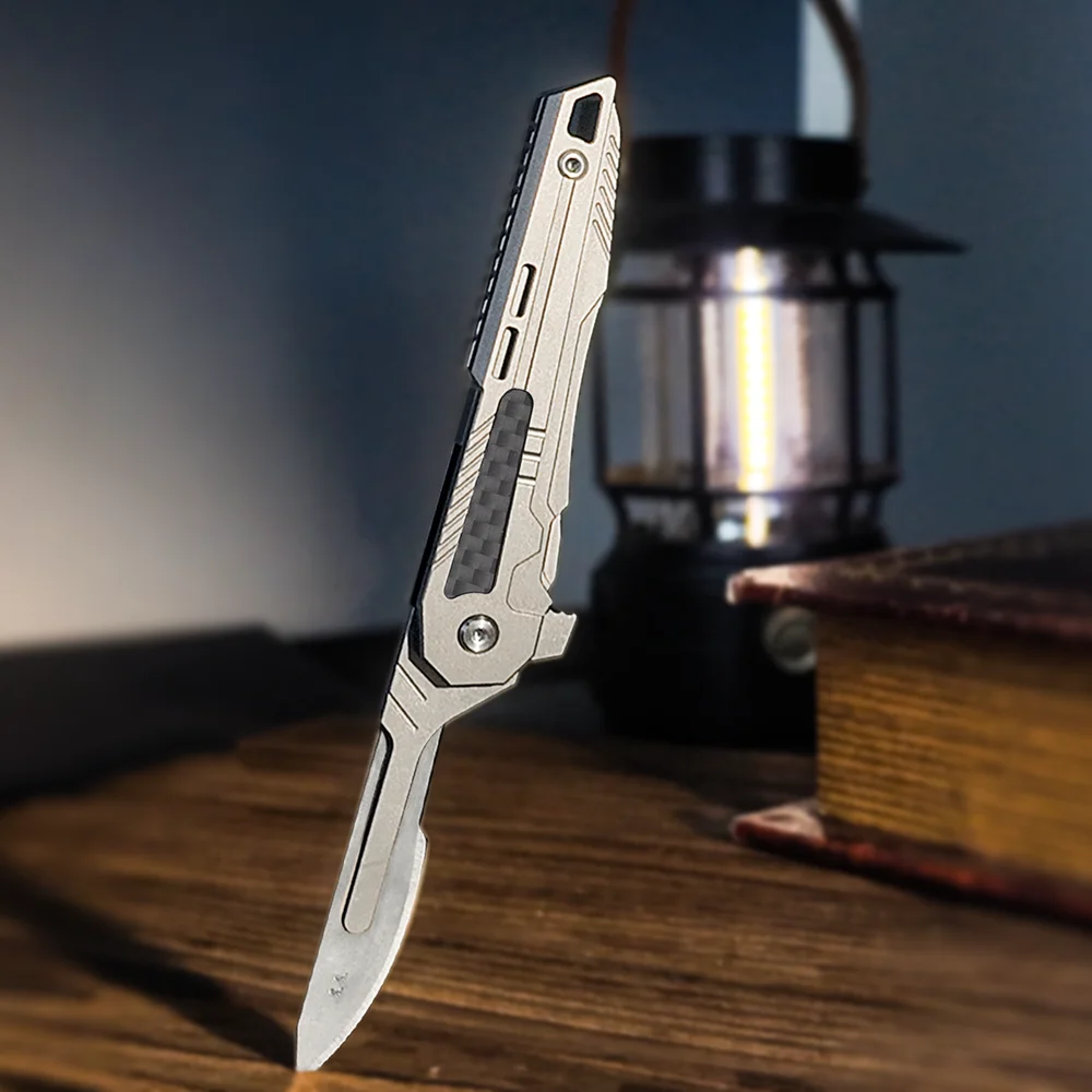 EDC Titanium Alloy Carbon Fibre Handle Folding Knife Hollow Paper Cutting Art Blade Cutting Knife Unpacking Pocket Outdoor Tools