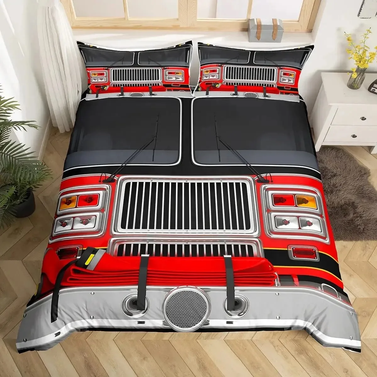 

Firefighter Truck Red Firemen Car Bedding Set Boys Girls Twin Queen Size Duvet Cover Pillowcase Bed Kids Adult