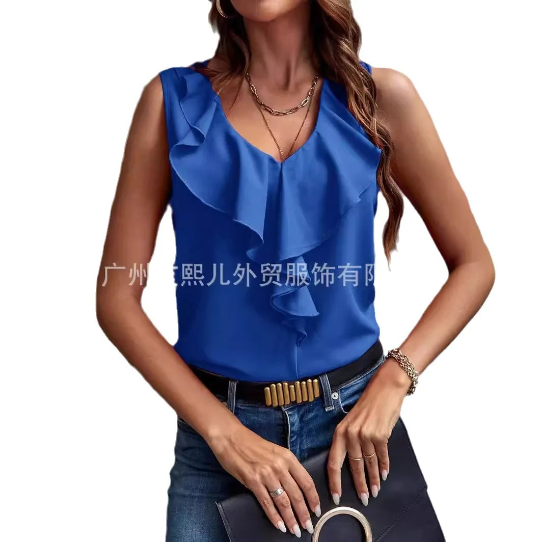 Women\'s Tank Blouses Summer Fresh Sweet Casual V-neck Boho Tops Solid Color Ruffle Patchwork Sleeveless Women Fashion Shirts