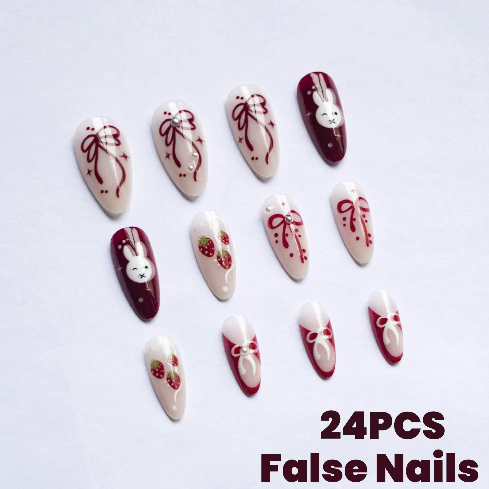 

24PCS Cute Little White Rabbit Almond Press on False Nail with Glue Pearl Diamond Patterns Girls Fake Nails Wearable Full Cover