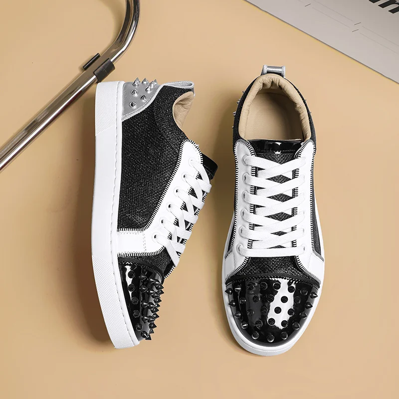 2024 Stylish Casual Sneakers Men's Shoes Black Low-Top Mirror Leather Designer Mens Shoes Hip-Hop Rivet Shoes Man zapatos hombre