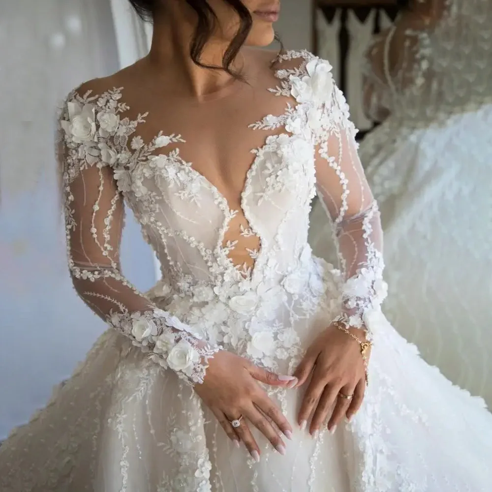 Robes de mariée Sexy à col rond pour femmes, avec des Appliques en dentelle, manches longues, occasions formelles, personnalisées, vêtements de haute qualité pour femmes, 2025