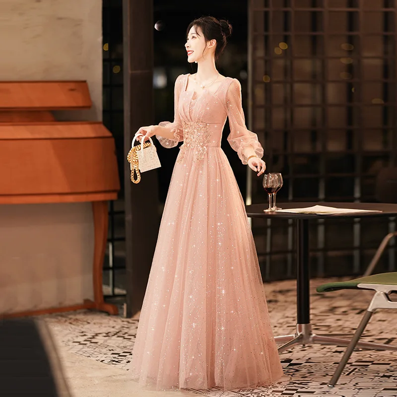 Pink Sequins Evening Dress Women New French Square Collar Classic A-LINE Tulle Floor-Length Banquet Celebrity Prom Dresses