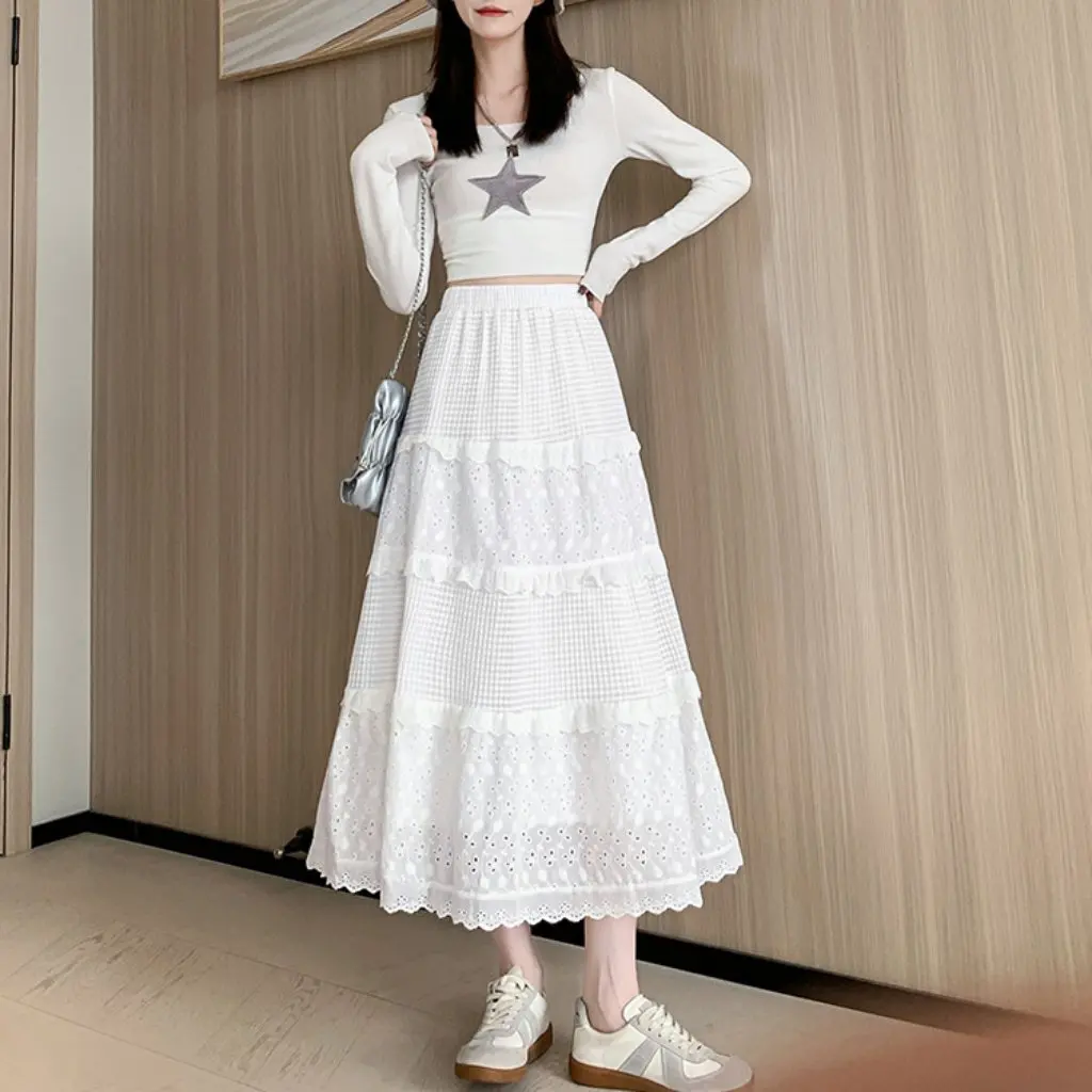 Damen-Rock mit hoher Taille, A-Linie, langer Rock, elegante Spitze, plissiert, schlankmachender Netz-Kuchenrock für Frühling und Herbst