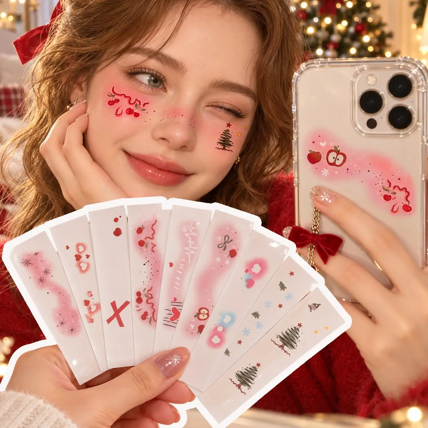 9PCS Christmas Blush Temporary Tattoo Stickers Festive Face Tattoo Makeup Decals for Women Christmas Festival Makeup Decoration