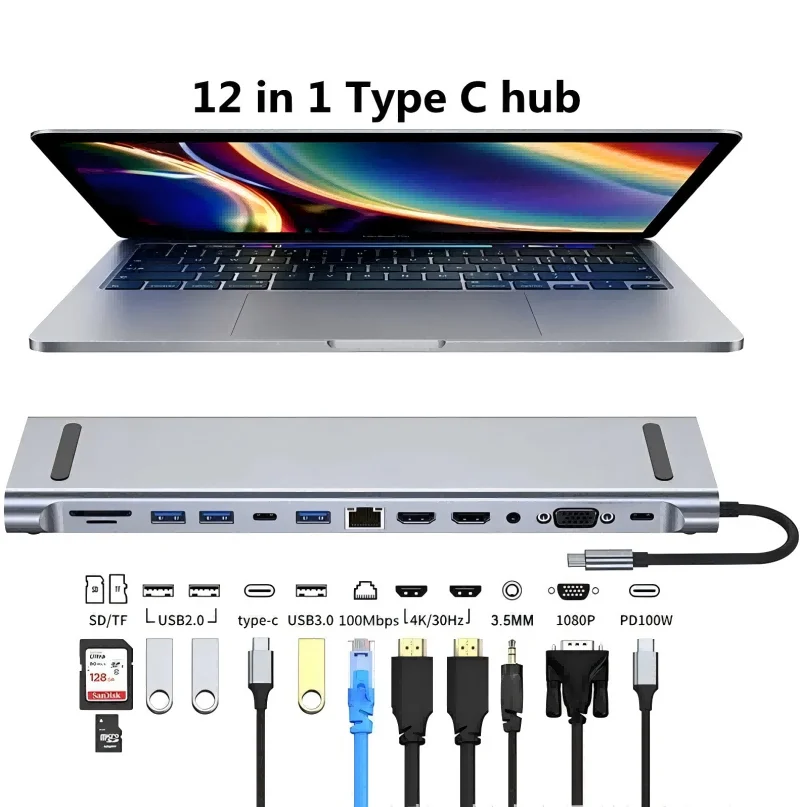 

12 in 1 Triple Display USB C Hub With Dual 4K HD 1080P VGA 100W Power Delivery SD TF Card Reader All in One Usb Hub