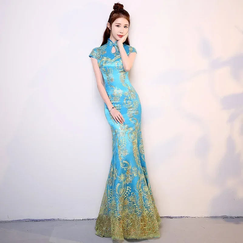 

Light Blue Wedding Party Women Dress China Style Elegant Banquet Long Qipao Oriental Female Slim Prom Cheongsam Vestido S-4XL