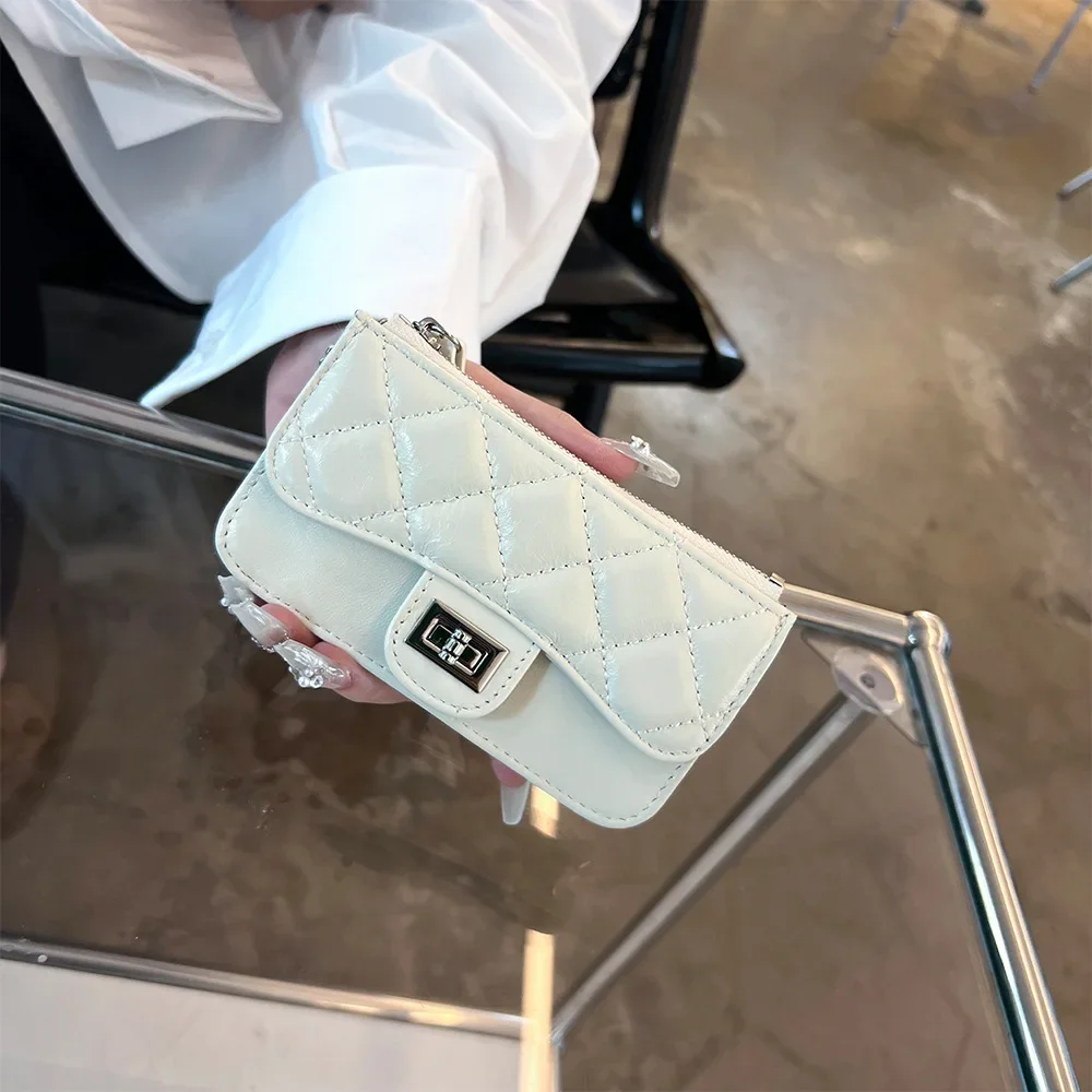 Sheepskin small fragrant short change storage Fashion embroidered diamond check coin bag card ID zipper wallet