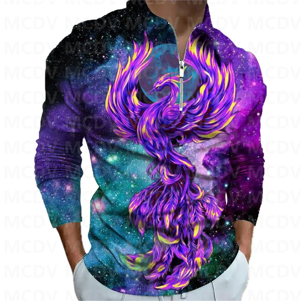 

Men's Long Sleeve Zipper Polo Shirt Phoenix 3D Printed Polo Long Sleeve T Shirt Casual Tops