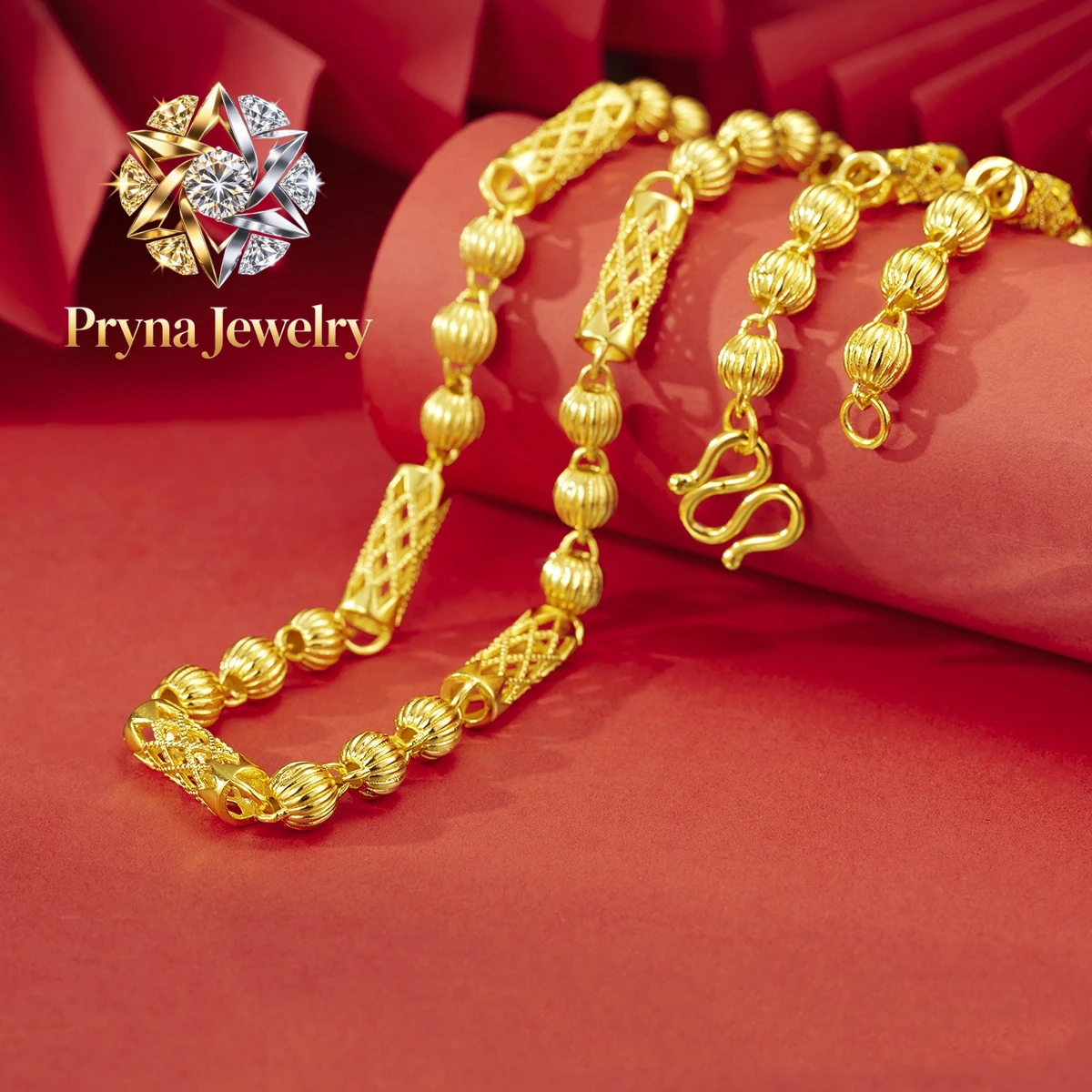 Pryna Jewelry   Luxury 24K real gold men's domineering personality hollow bead necklace au9999 gold necklace jewelry