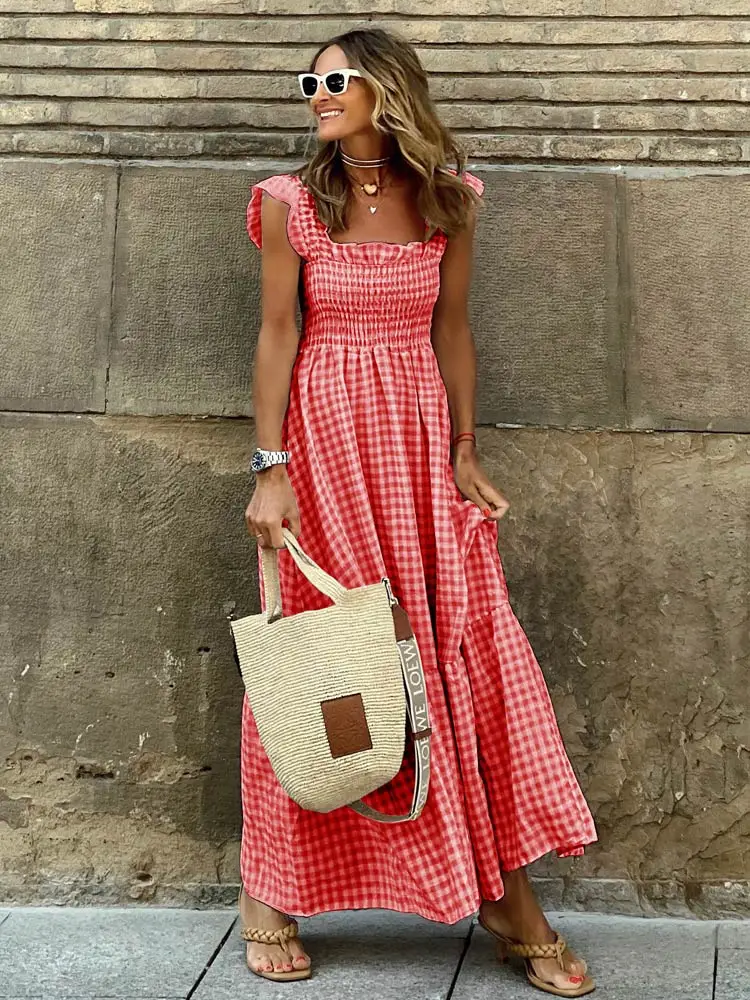 WildPinky Elegant Square Collar Plaid Summer Dress Women A-line Elastic Khaki Ruffled Dresses Beach Party Sleeveless Maxi Dress