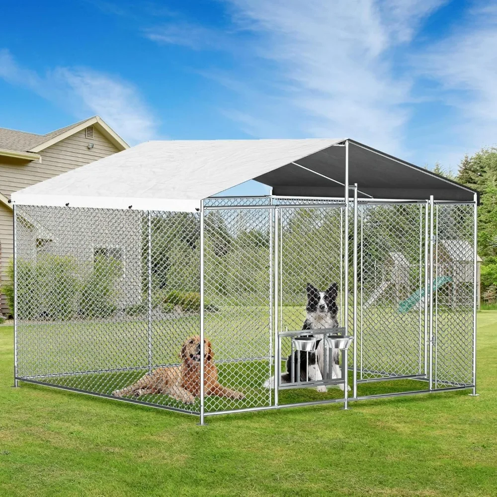 

Dog Kennel with Roof Heavy Duty Outdoor Dog Kennel with 2 Rotating Bowls and Updated Secure Lock Large Dog Kennel