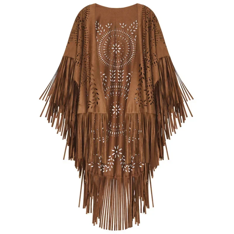 

Camel Suede Floral Hollow Out Fringe Tassel Shawl Women Vintage Capes Ponchos Autumn Bohemian cardigan Cloak Boho Capes