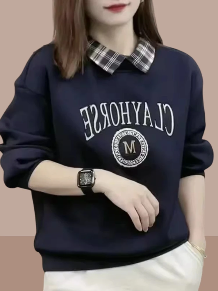 Casual Plaid Long Sleeve  Neck Sweatshirt Women's Fake Two-Piece Spring Autumn New Style Mom's Leisure Comfortable Breath...