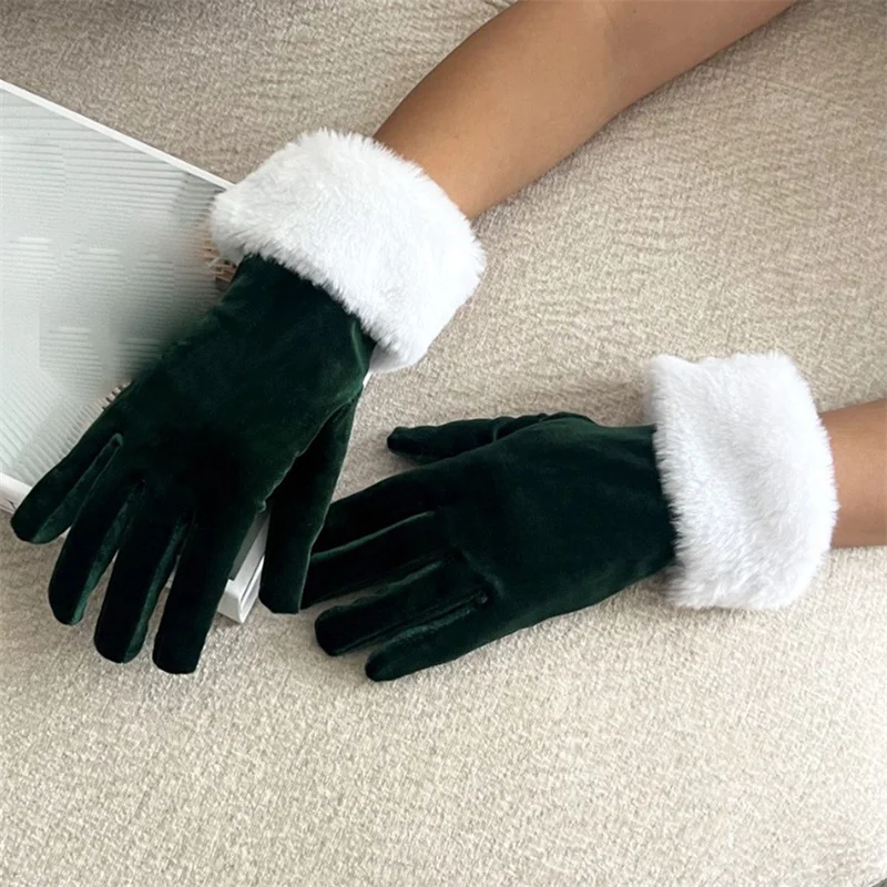 Guantes navideños de terciopelo para hombre y mujer, guantes elegantes Retro cortos con adornos peludos, guantes de Papá Noel para fiesta, escenario festivo, 1 par