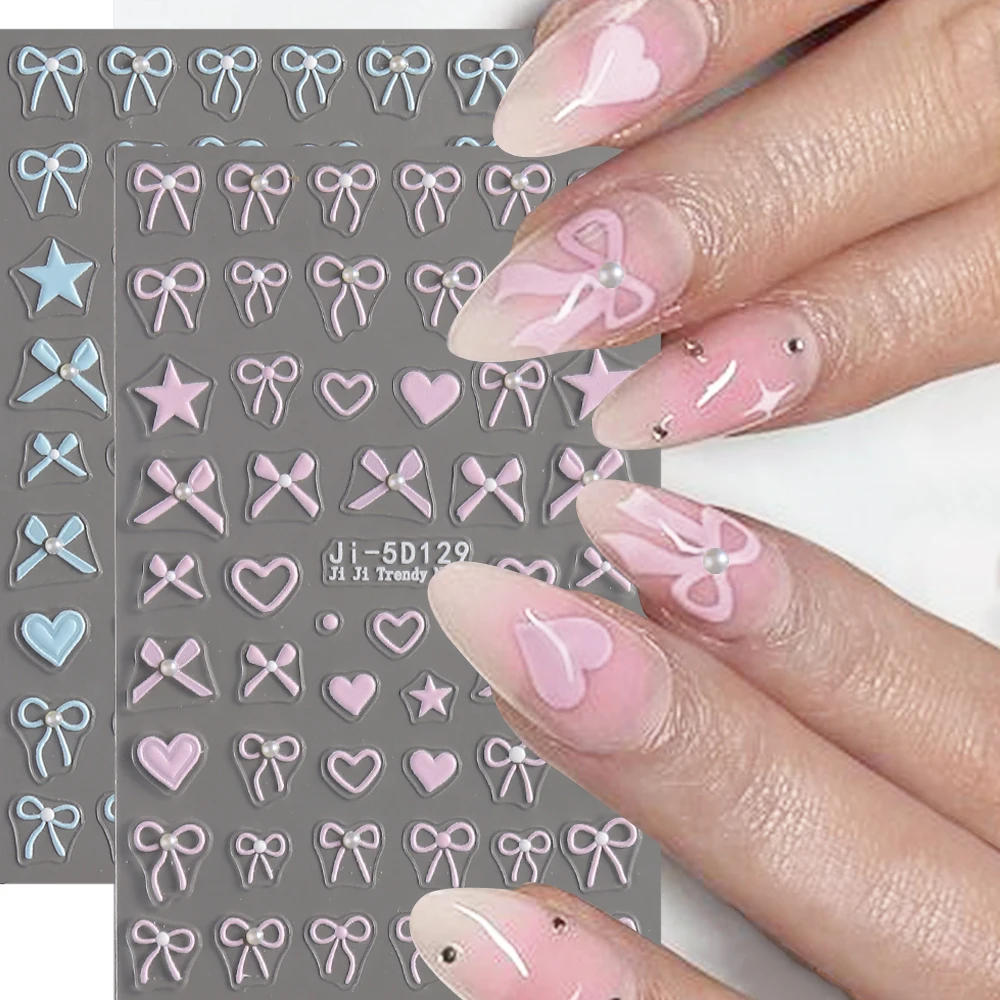 Parel Lint Strik Nagel Stickers Roze Blauwe Strik Sticker Franse Ster Hart Zelfklevende Nagel Slider Bedel Manicure Decor LEBJI-5D