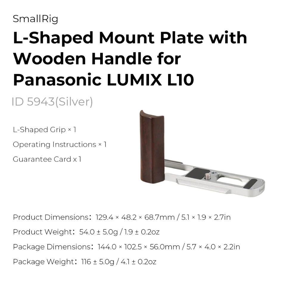 SmallRig L-vormige montageplaat met houten handvat voor Panasonic LUMIX L10, met Arca-Swiss snelkoppelingsplaat voor statief zwart/zilver