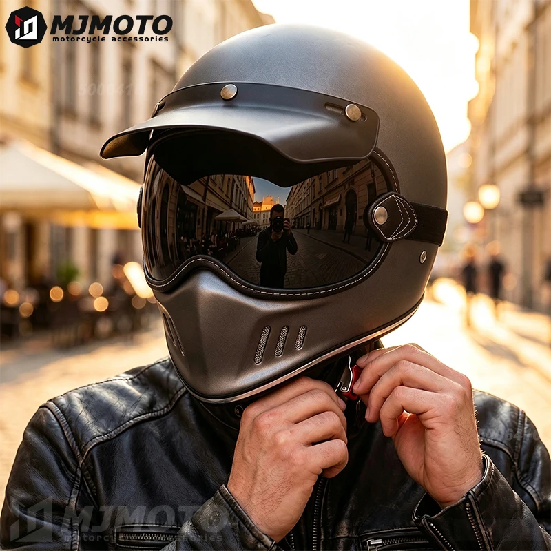 Universal Bubble Visier für Motorradhelm Gesichtsschutz passend für Simpson MOTO3 und andere Vintage Retro Helme mit Riemenbefestigung