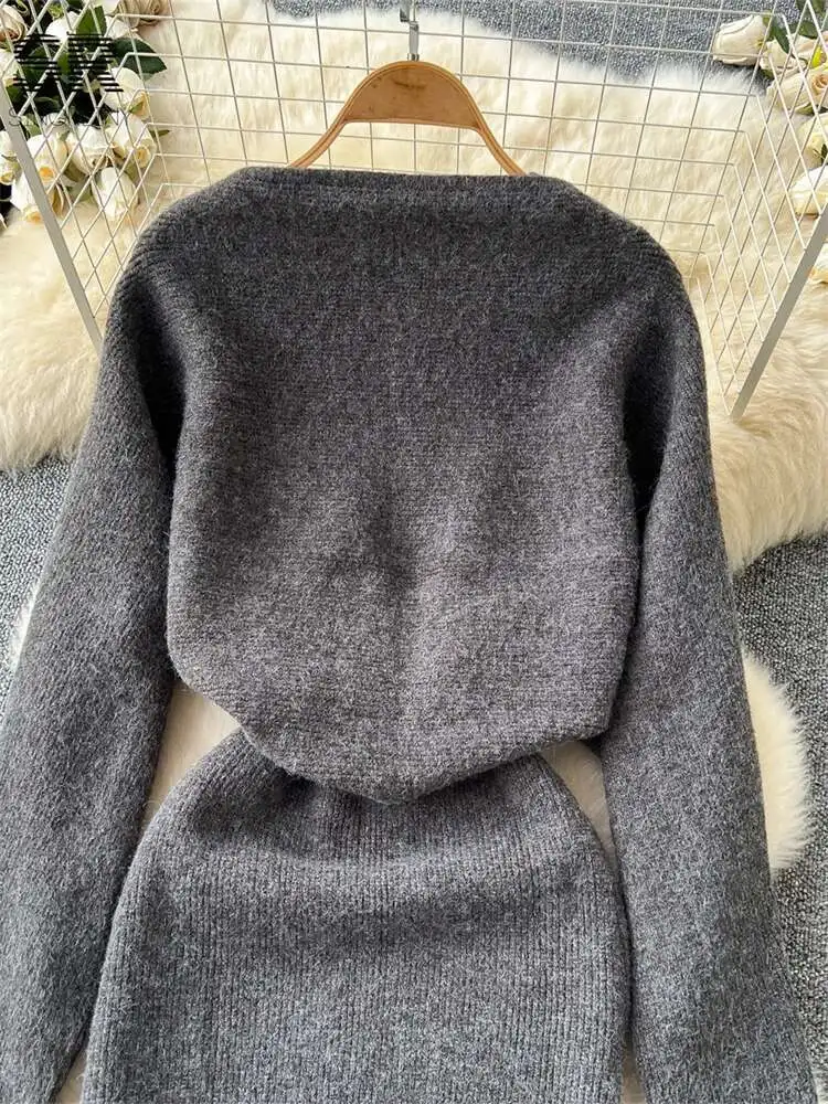 

BabYoung Winter Gentle Thick Sets Long Sleeve Elastic Cardigan+Solid V Neck Women Sexy Knitting Dress Suits