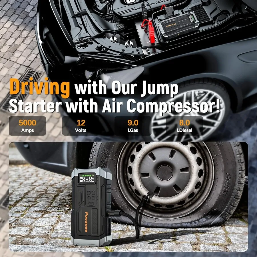 2025NEW Model 5000A Jump Starter with Air Compressor for Emergency Vehicle Recovery Portable 12V Jump Box with LCD Display 150P