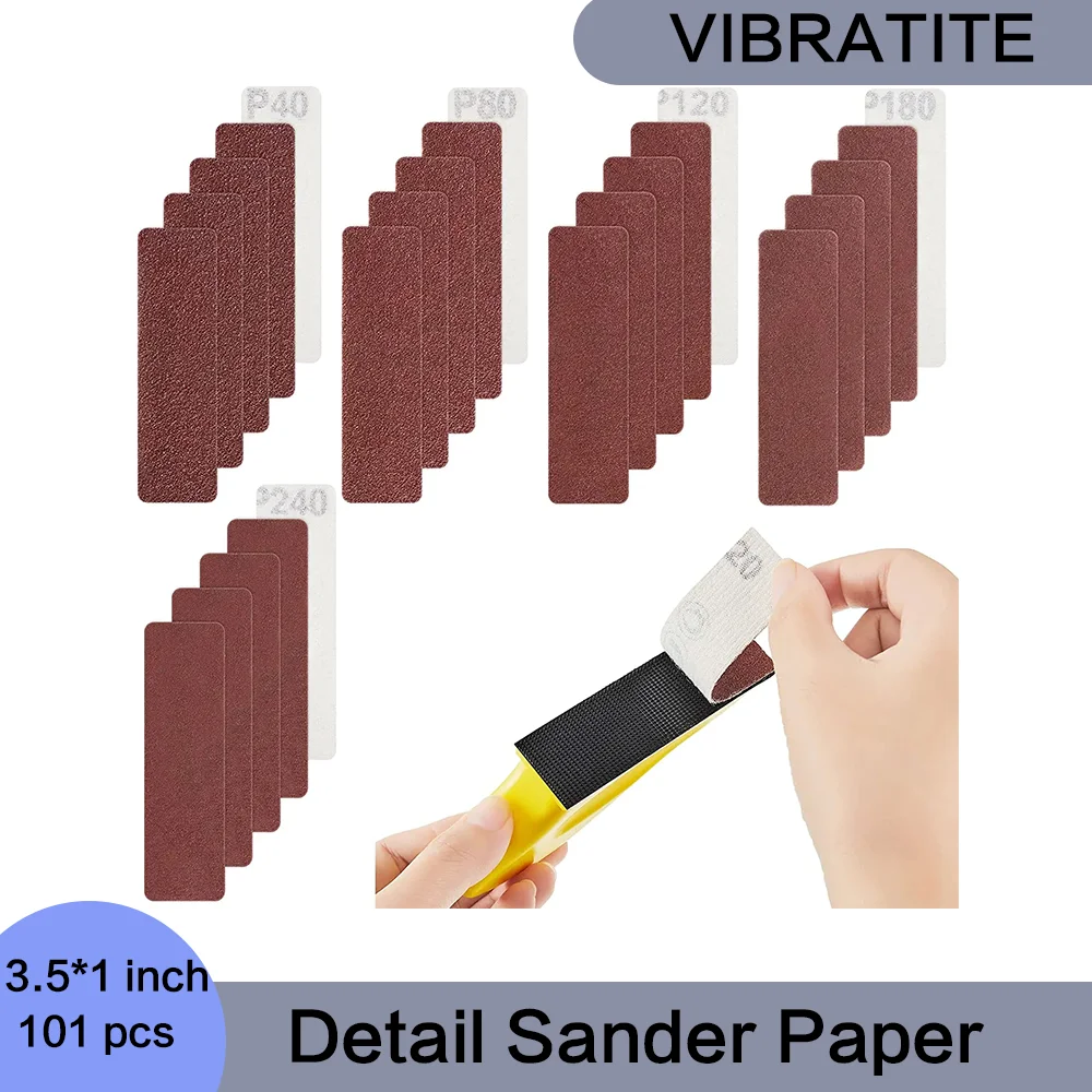 3.5 x 1 Inch 100 Pcs Detail Sander Refills Micro Finishing Sander Paper 40/ 80/ 120/ 180/ 240 Grit with Hand Grinding Block