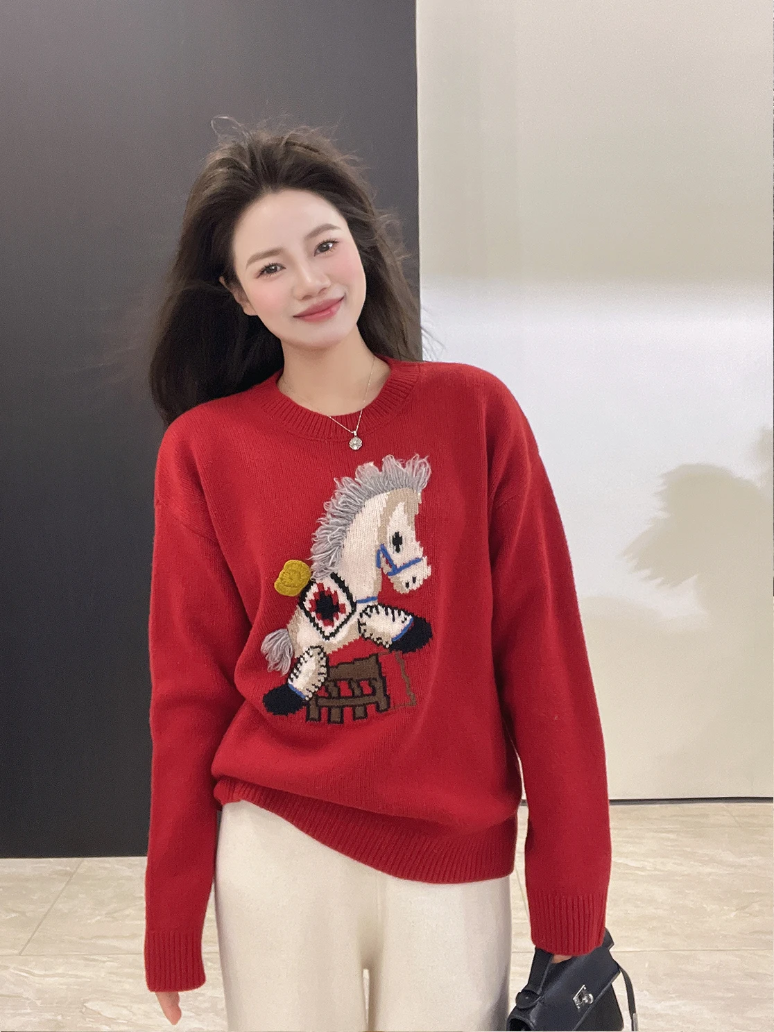 

Thiened 00 Wool Camere round Ne Embroidered Hook Design Knitted Sweater Casual Sle Loose Fit Soft Touch Winter Warm
