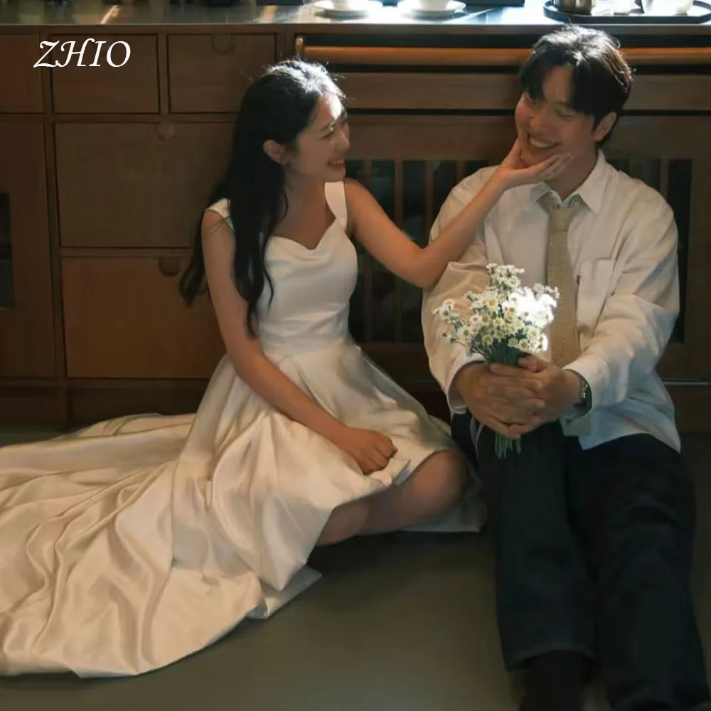 Zhi vestido de festa de casamento simples, alto e baixo, alças espaguete, cetim marfim, sessão de fotos coreana, vestido de recepção de noiva personalizado