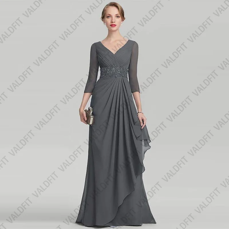 ชุดเจ้าสาวผ้าชีฟองสีเทายาวคอวีพร้อมแขนเสื้อชุดเดรสปาร์ตี้งานแต่งงาน vestidos Para Madre de nova 2024