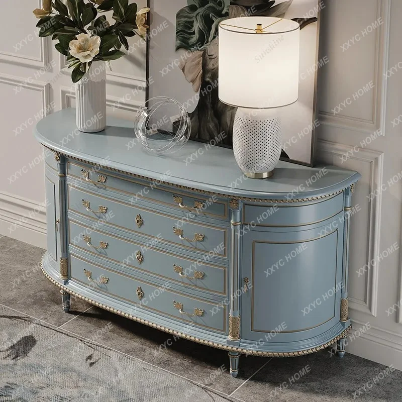 solid wood dining side cabinet with gold-painted and carved retro decoration, palace living room against the wall entrance