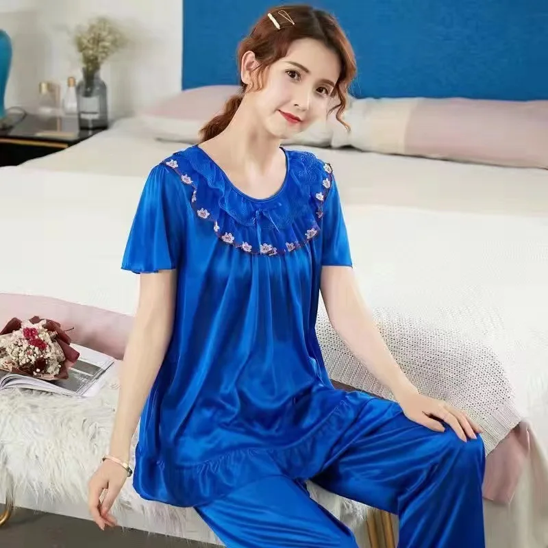 Women 2 Pieces Pajamas Sets Bow Pijama Faux Silk Satin Pyjama Female Sleepwear Short Sleeve Top Pants Suits Homewear Nightwear