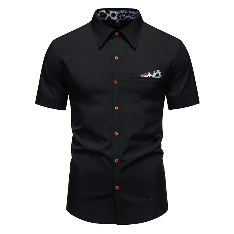 

Men's Short Sleeve Button Shirt Contrast Print Pocket Casual Slim Fit Dress Shirt