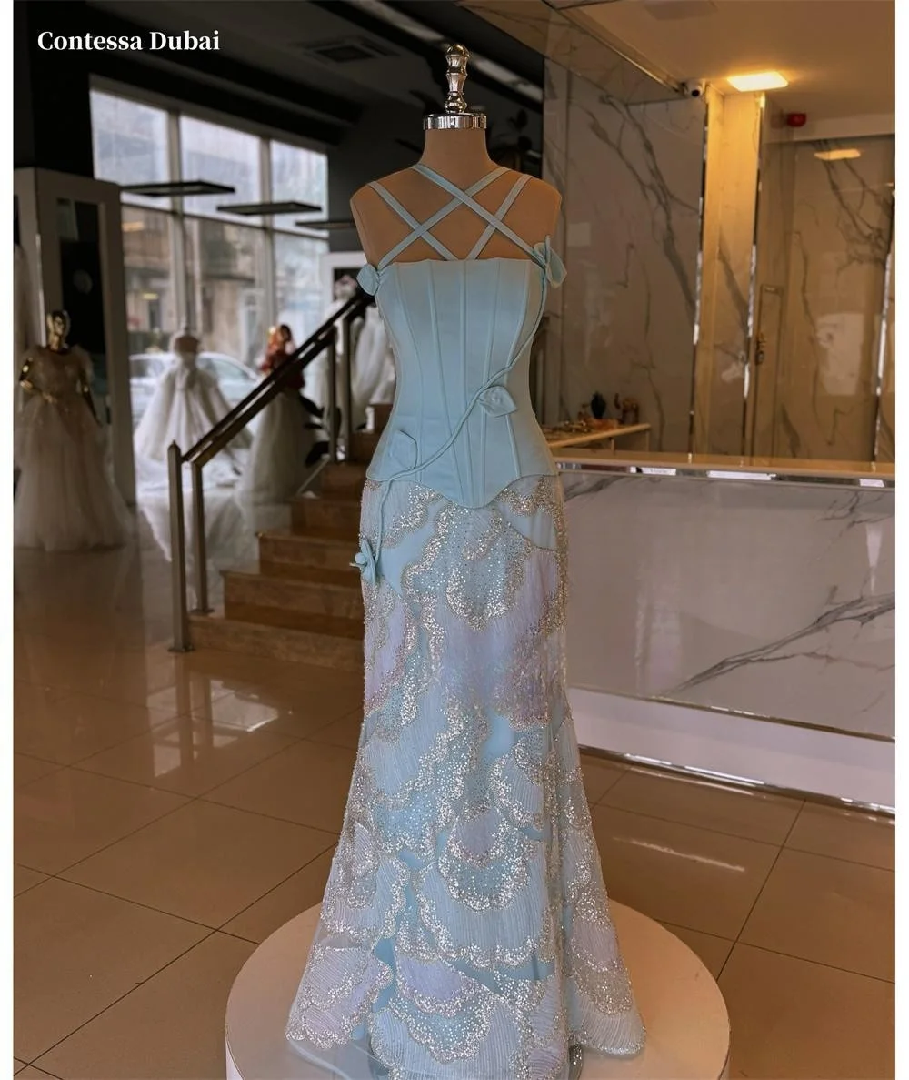 

Contessa Dubai, синие платья для выпускного вечера с русалкой по индивидуальному заказу, сетчатые платья с открытой спиной и бретельками, платья de noche, торжественный вечер 2025