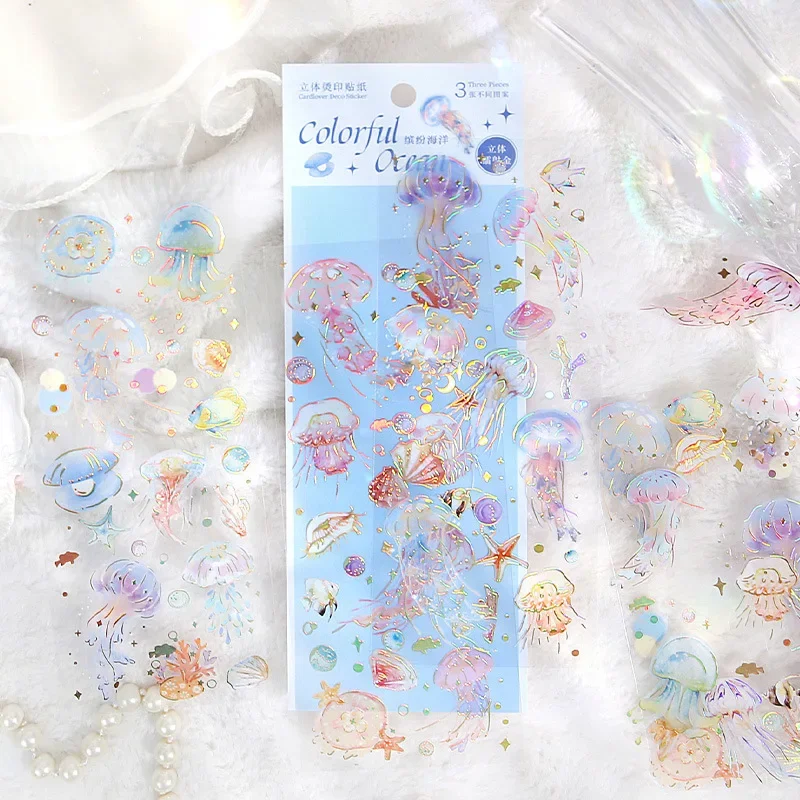 3pcs Vintage Jellyfish Stickers Creative Bird Feathers Material Decorative Stationery Sticker Label Diary Phone Journal Planner