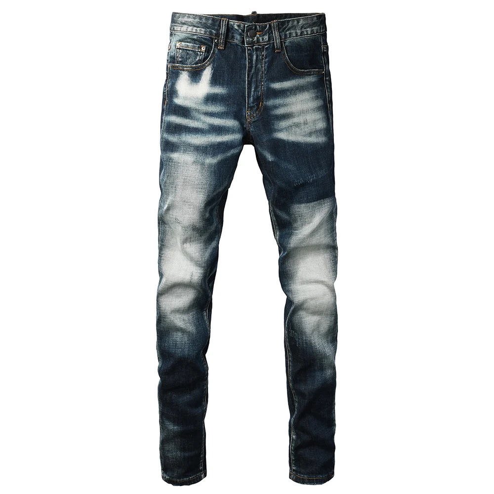 

Men's Skinny Stretch Denim Jeans Streetwear Washed Tapered Pants Blue Casual Trousers