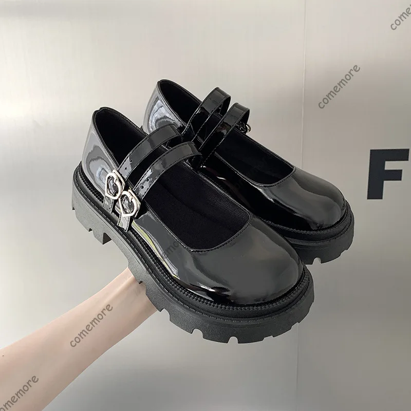 

Comemore Spring Autumn Thick Bottom Love Buckle Mary Jane Shoes New Black Loafers Women's Shoes Retro Students Jk Leather Pumps