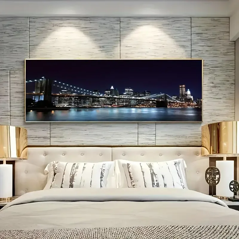 1pc No frame  Oil Painting, Living Room Wall Art Image, Painting Decoration, Brooklyn Bridge Night Light Posters And Prints