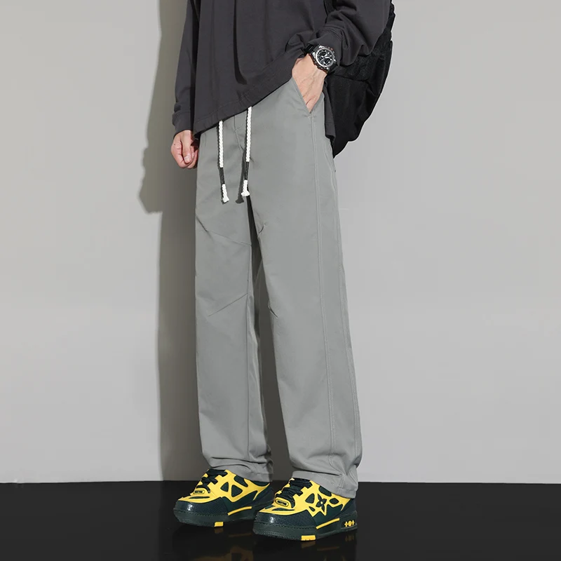 ผู้ชายเอวสูงตรงกางเกงขากว้างโพลีเอสเตอร์สายรัด 2025 ฤดูใบไม้ร่วงฤดูหนาวอเนกประสงค์สบายๆกางเกงยาว,PLUSขนาด 5XL