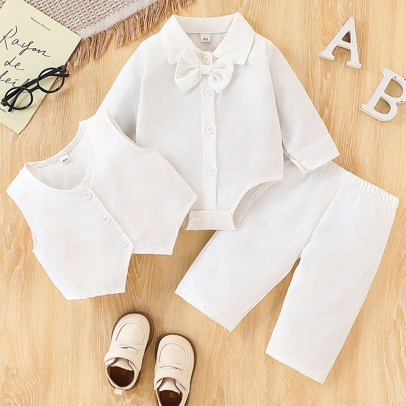 3Piece Spring Autumn Newborn Boy Clothes Korean Fashion Gentleman Tie White Cotton Bodysuit+Vest+Pants Baby Clothing Sets B310