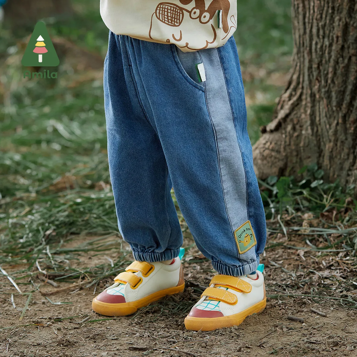 Amila Baby Denim Pants 2023 Spring New Fashion Patchwork Children Casual Soft Blue Jeans Loose Trousers Boys Girls Kids Clothes