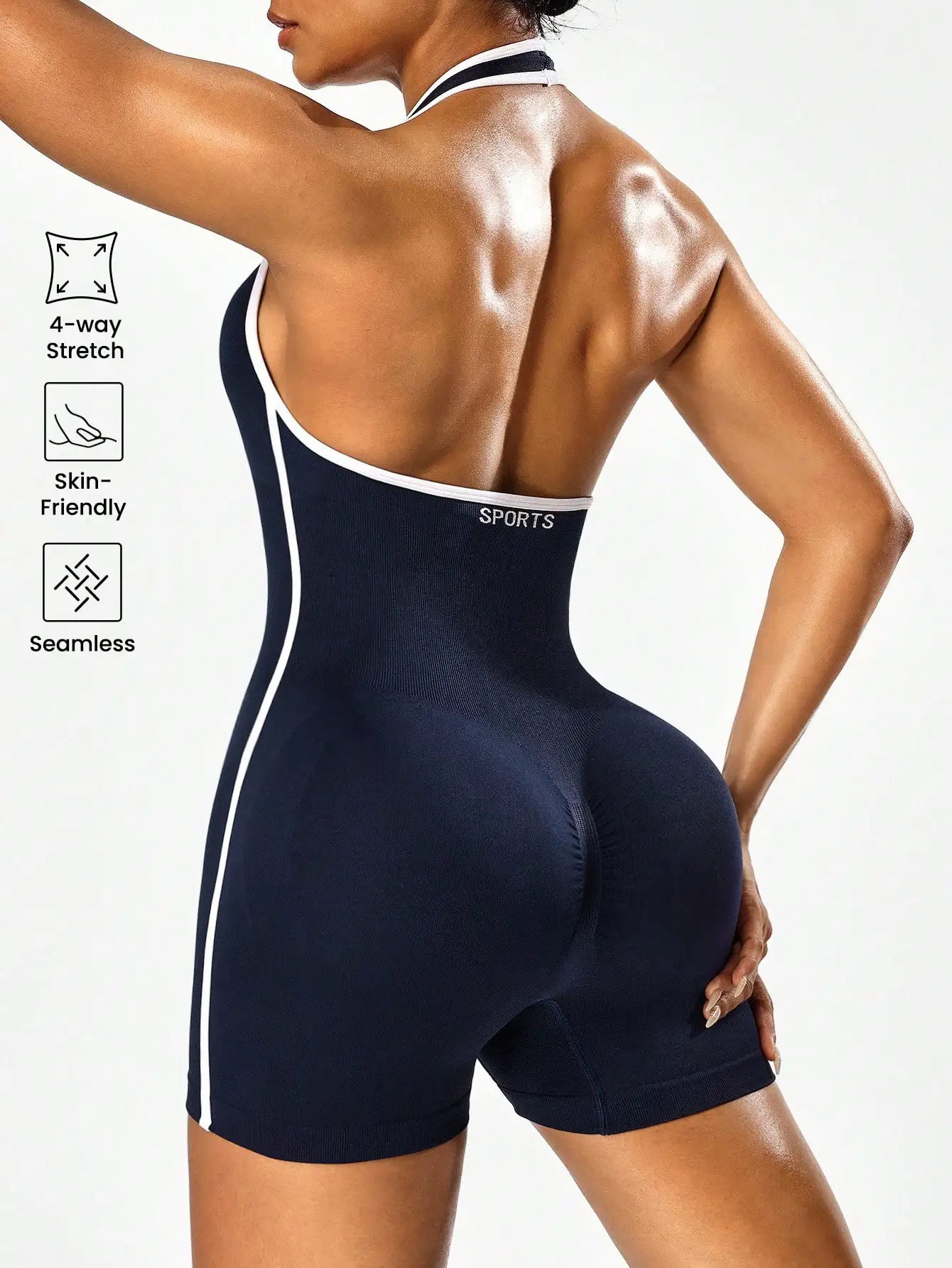 Yoga-Jumpsuit zum Überkreuzen über der Brust mit Farbblock-Design, rückenfreier Trainings-Jumpsuit für Damen, Oberbekleidung für grenzüberschreitendes Fitness-Training und – Detail 13