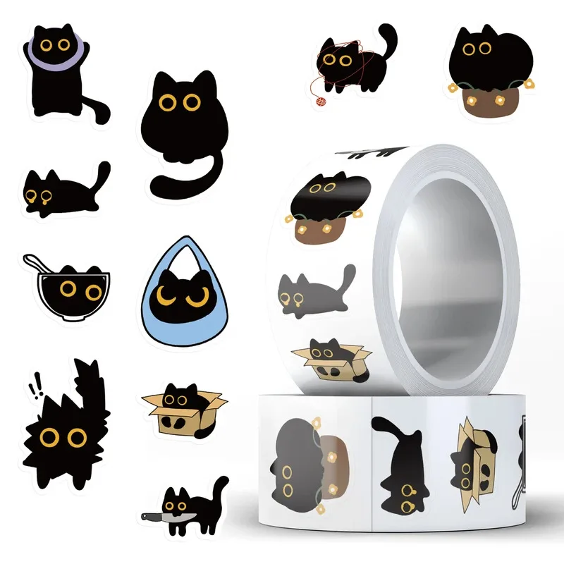 500Pcs Black Cat Sticker Rolls Funny Cartoon Cat Meme Cute Label Decals Crafts for Laptop Guitar Skateboard Decor School Rewards