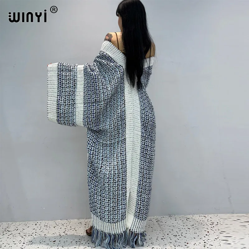 WINYI winter coat for women gradient print tassels Luxury Fur Loose OverCoat Thick Warm long down coat Elegant cardigan jacket