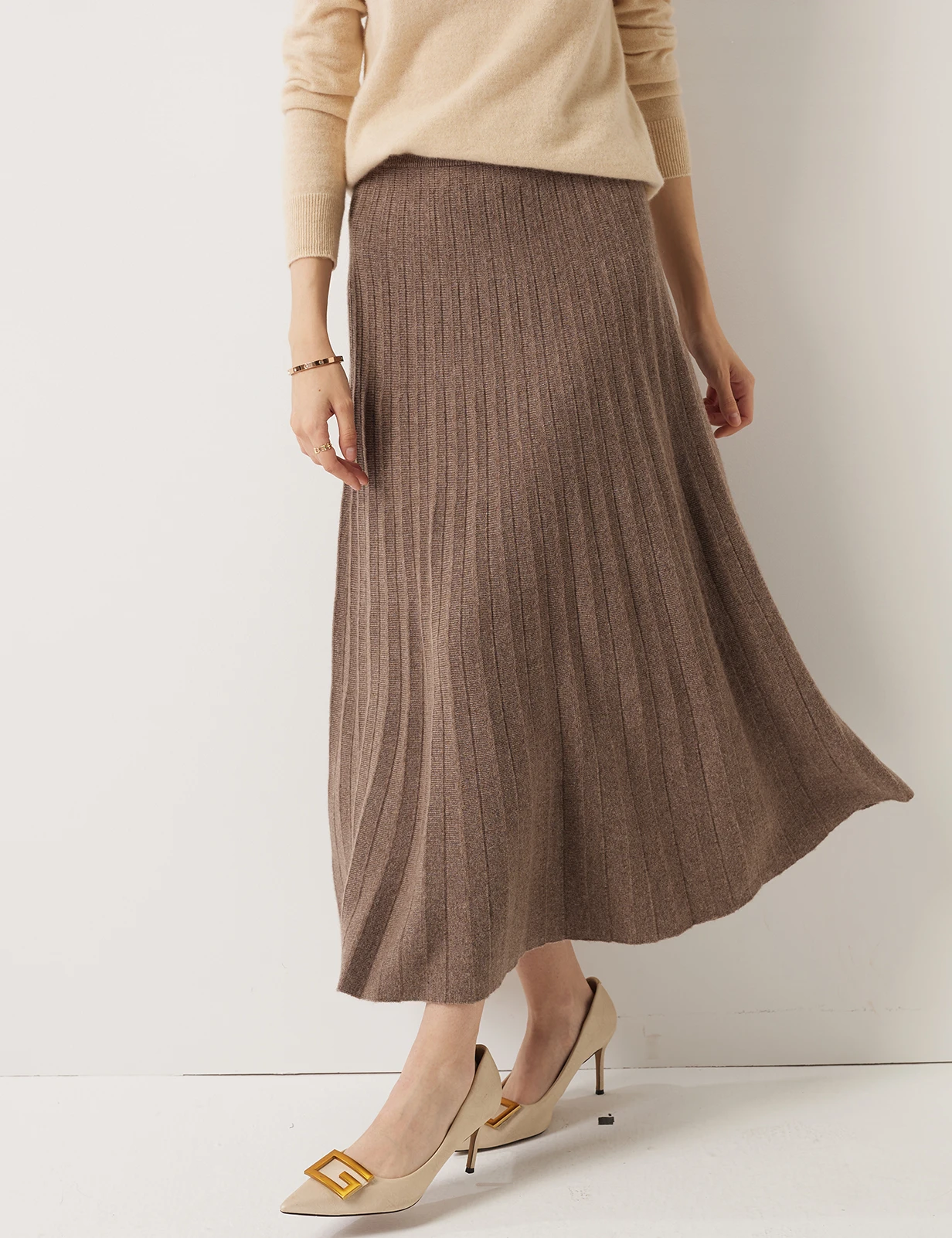 Women Cashmere Merino Wool Pleated Skirt Soft Warm Knit Midi Skirt Winter Fall Elastic Waist A Line Woolen Skirt Classic Casual