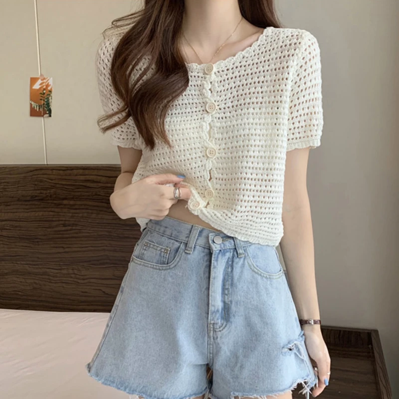 Women Buttons Up Short Cardigan Coat Knitted Hollow Out  tees Top shorts  Sleeved Thin Summer T-shirt Ruffles Casual Shirt